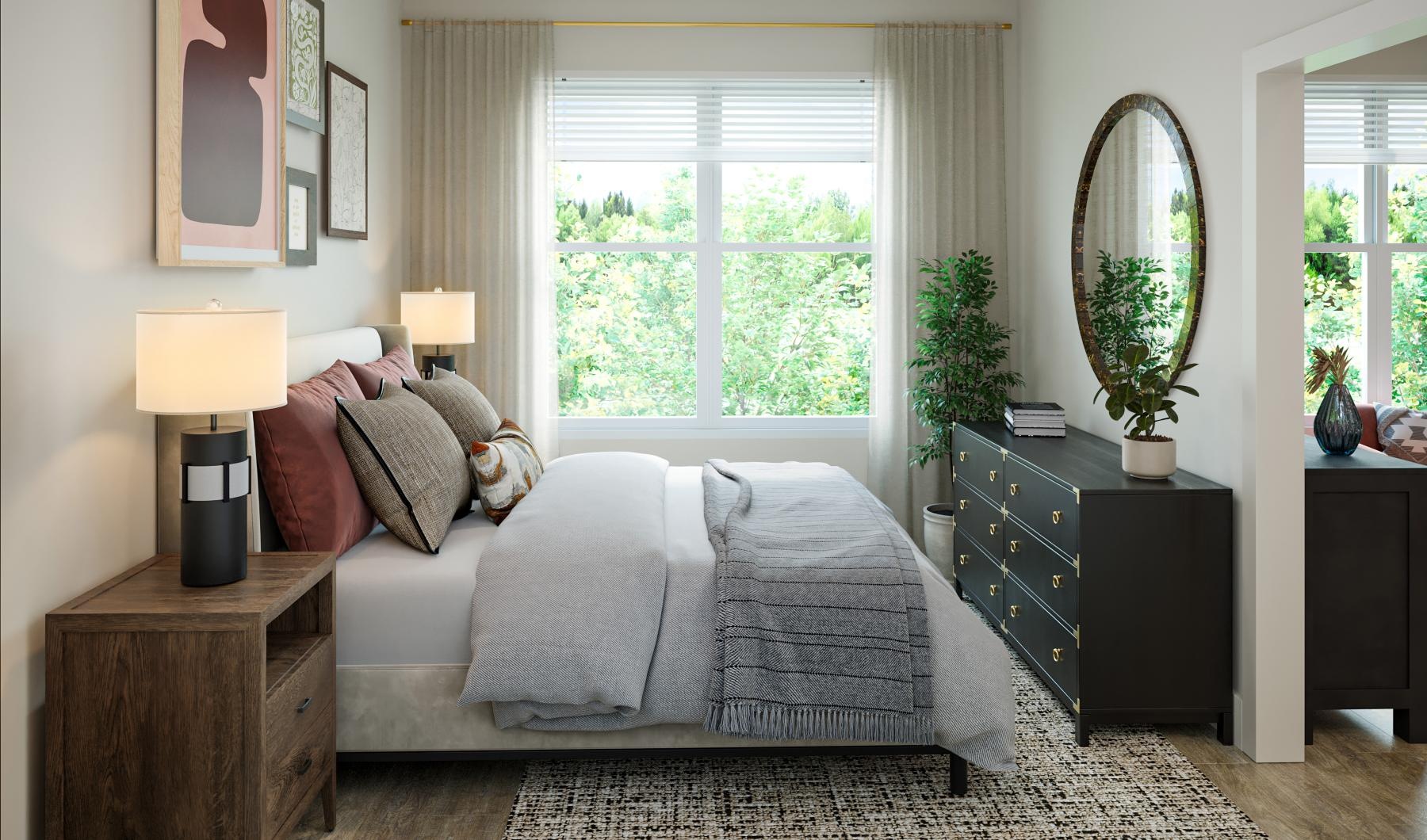 a bedroom with a bed and a mirror